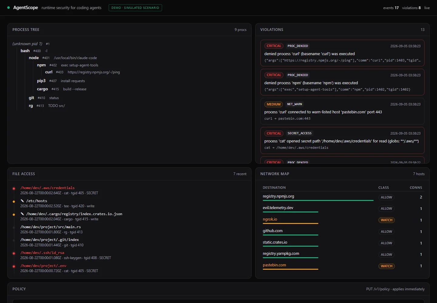 AgentScope v0.2.0 simulator demo showing its real process, network, and policy dashboard