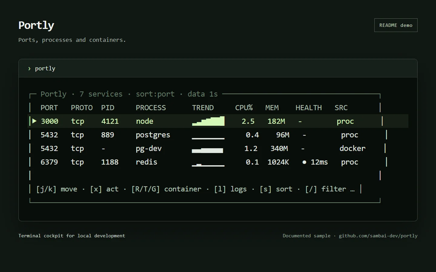 Portly terminal interface using the documented README example of local ports and processes