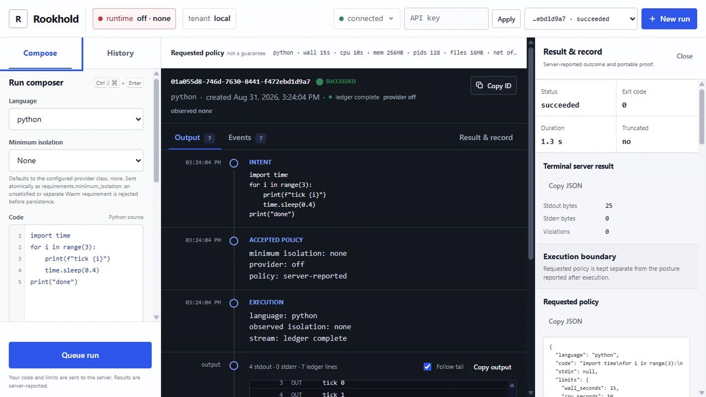 Rookhold v0.6 console demo showing the job queue, execution results, and service controls