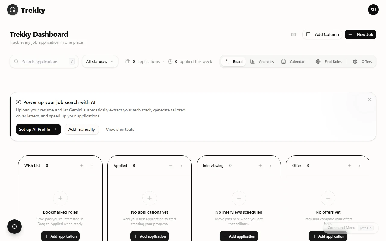 Trekky light-theme sample dashboard with an empty sample board, from a historical product capture